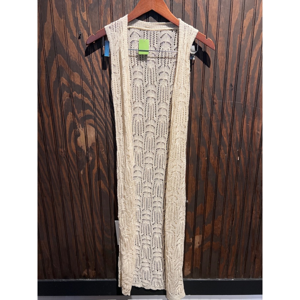 Cream Crochet Knit Duster Vest Sleeveless Maxi Open Front Boho Layering Piece